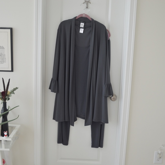 Slinky Brand Tops - Grey Ruffle Tank Top Pants and Cardigan Set